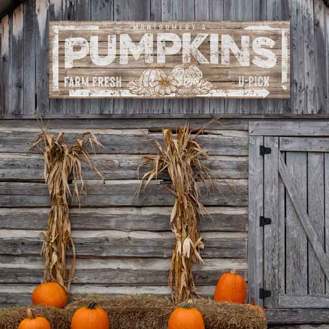 Personalized fall wall art. Farm Fresh Pumpkins sign U-Pick on rustic faux wood. 