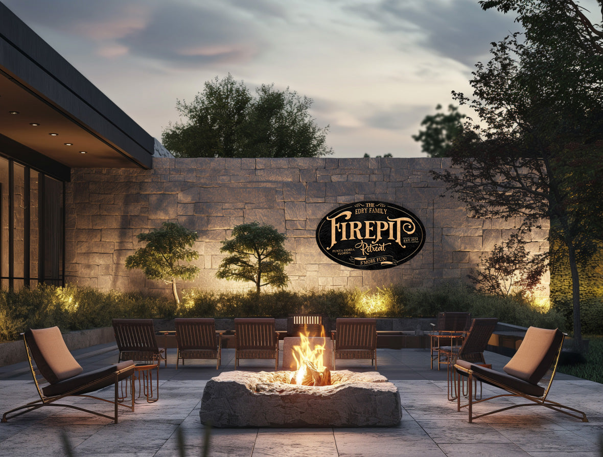 fire pit sign on a wall behind a stone built fire hole