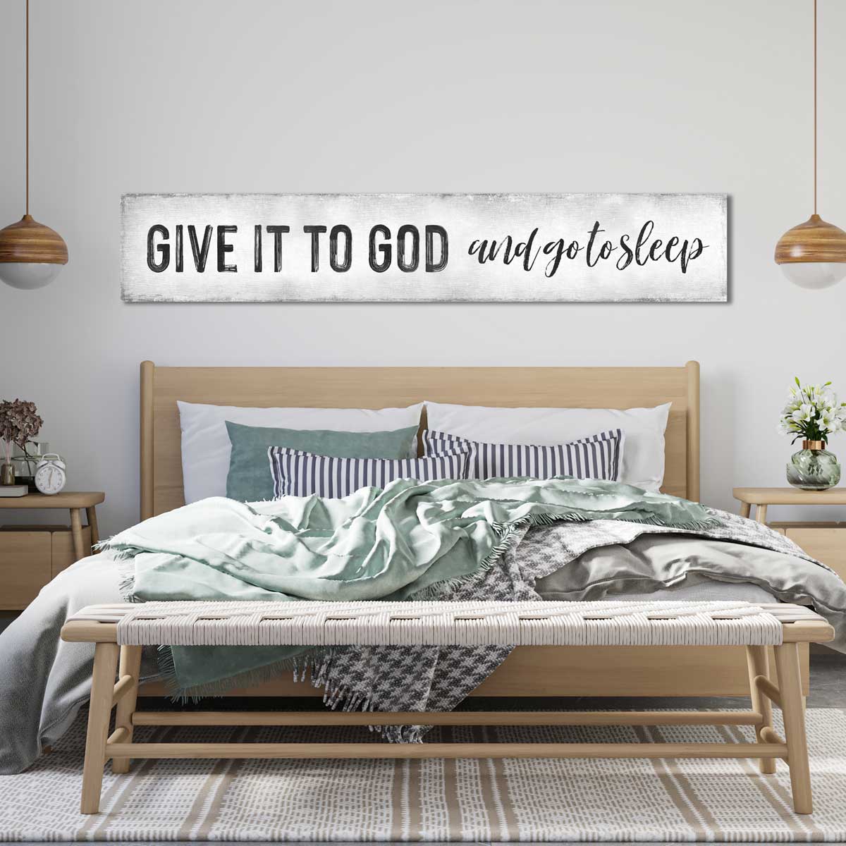 Give it to God and Go to Sleep Modern Farmhouse Bedroom Wall Art. Faux wood on white canvas. Rustic sign for over the bed. 