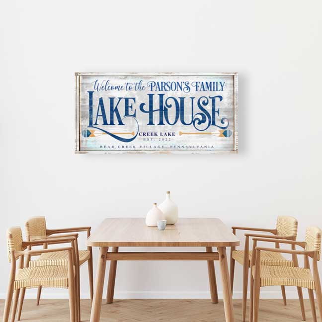 Lake house sign with family name and established date. Rustic faux wood canvas personalized lake house sign.