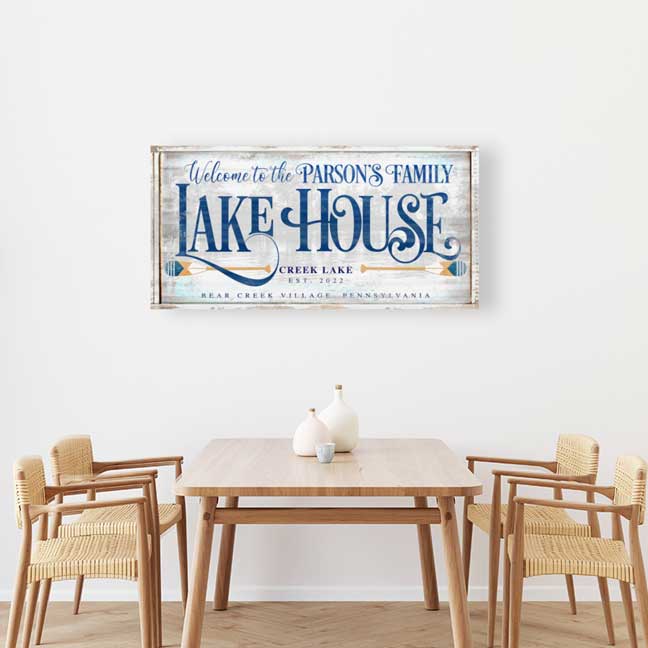 Lake house sign with family name and established date. Rustic faux wood canvas personalized lake house sign. 