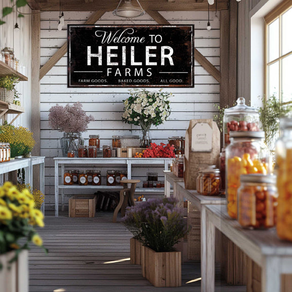 Farmhouse Sign in a boutique store with flowers and canning that is black and white that could also be used as a barn sign