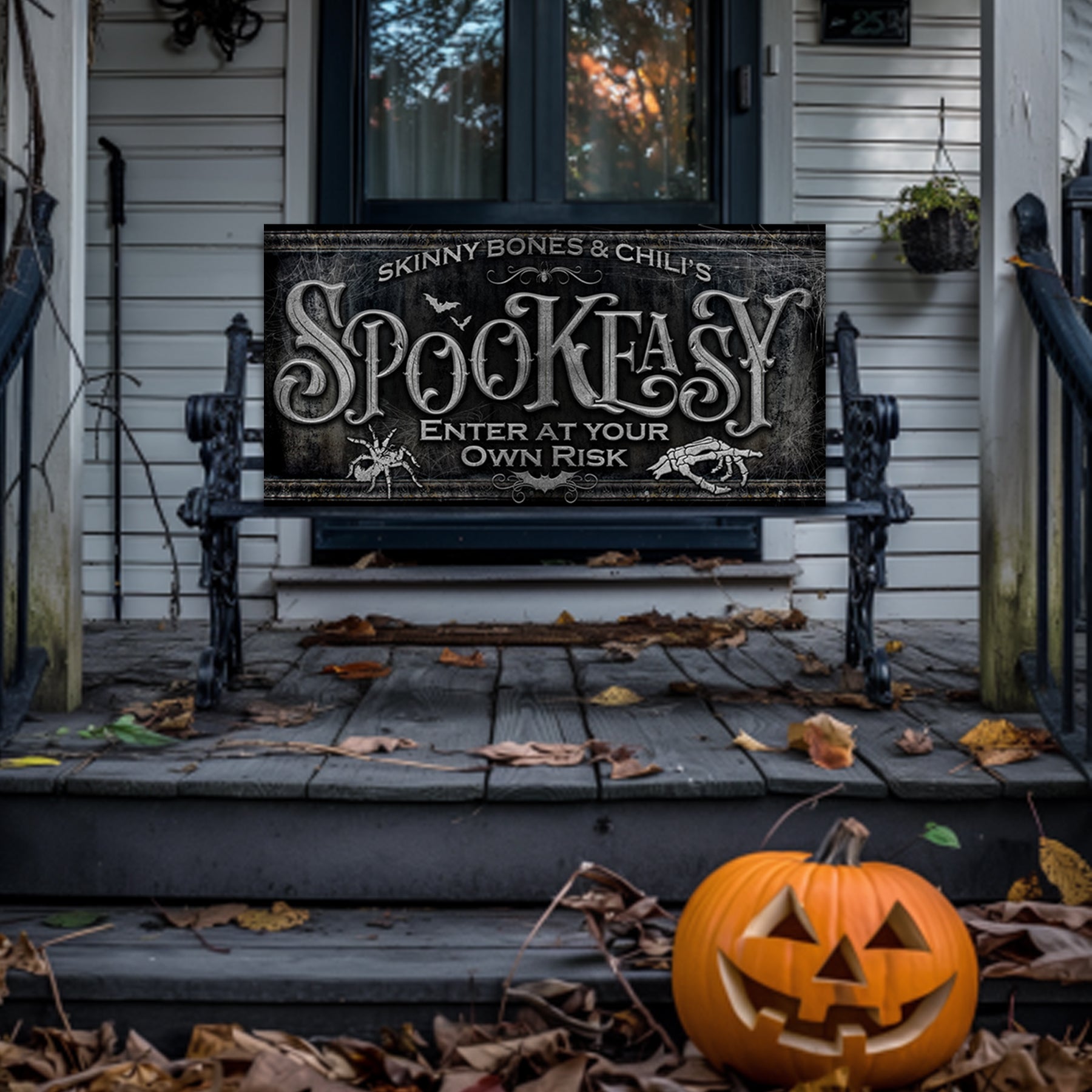 spookeasy sign on the porch for halloween decorations