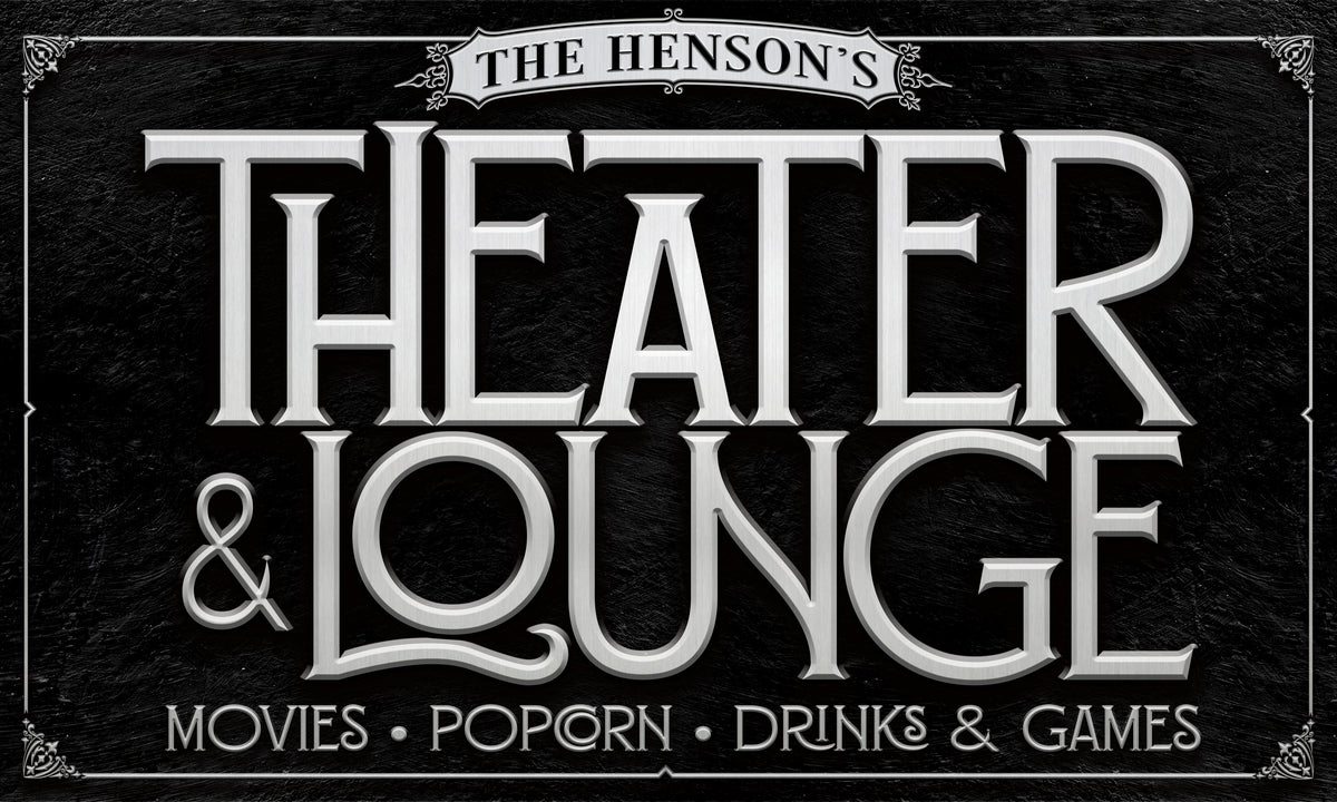 Theater decor - theater room sign in black with silver lettering and family name with words Theaters & Lounge.