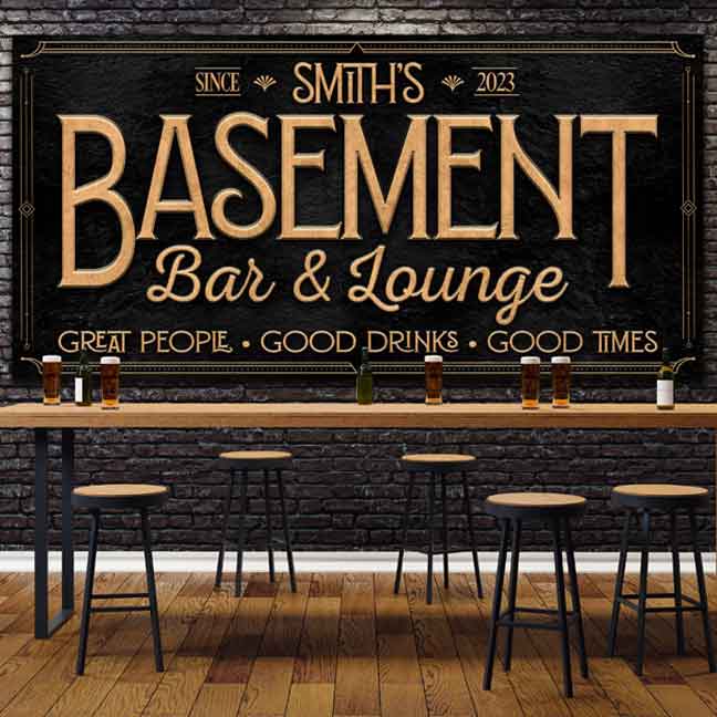 Bar Signs-personalized basement bar and lounge sign on black stone with the words Basement bar and lounge, great people, good drinks and good times