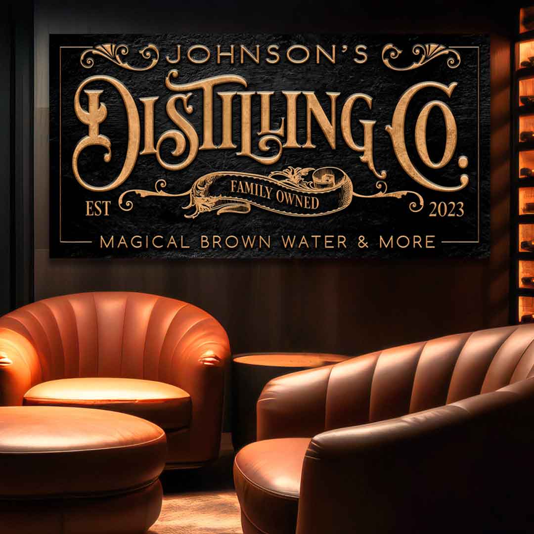 Speakeasy Bourbon Distilling Co. sign with gold letters on Black stone that says Distilling Co.
