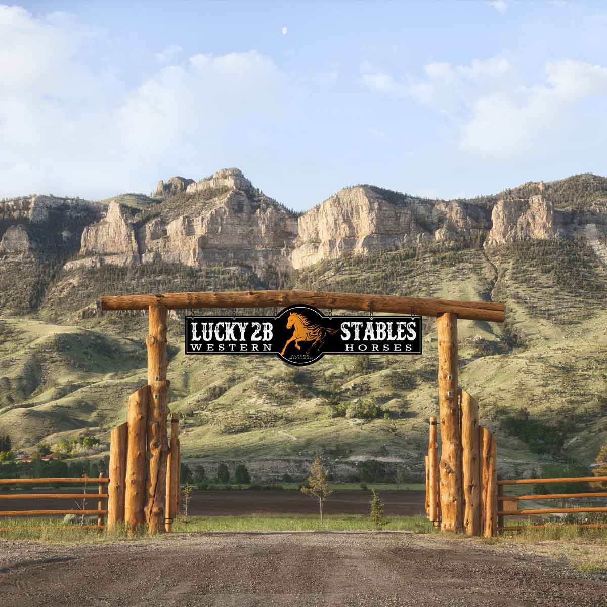Metal Gate Entrance Sign-Barn Sign made of black metal and has a western horse and the words Lucky 2B Stables