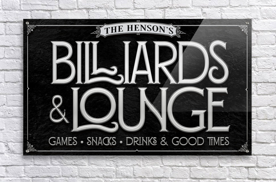 Billiard Decor in silver and black personalized on a black textured background