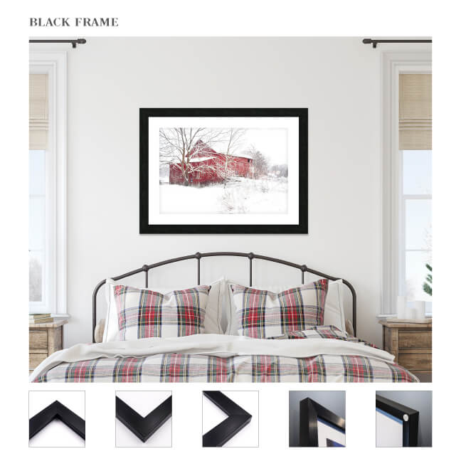 Christmas barn in snow with black frame