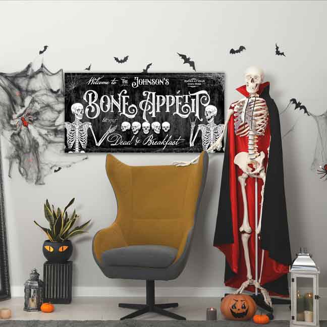 Skeleton Decor on Black distressed background with the words Welcome to Bone Appetit dead and breakfast