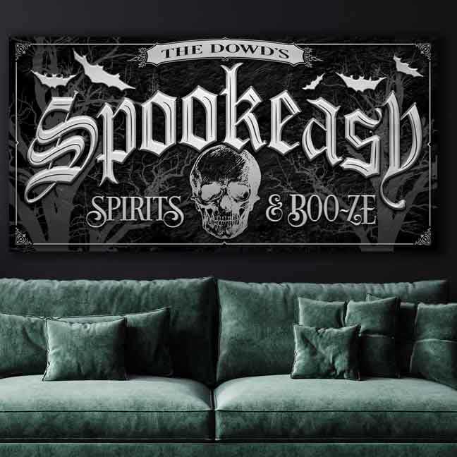 Speakeasy-Spookeasy Sign with black textured background and silver words that say Spookeasy Spirits and Boo-ze all personalized.