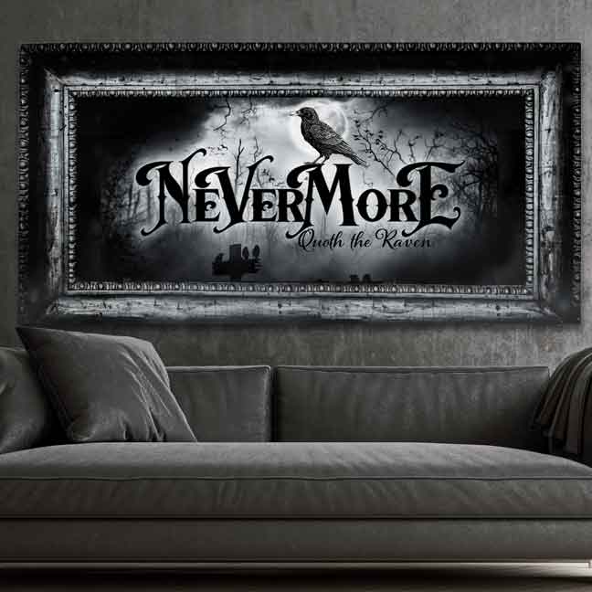 Halloween Wall Decor Nevermore Raven on black Gothic faux frame and the words Nevermore Quoth the Raven.