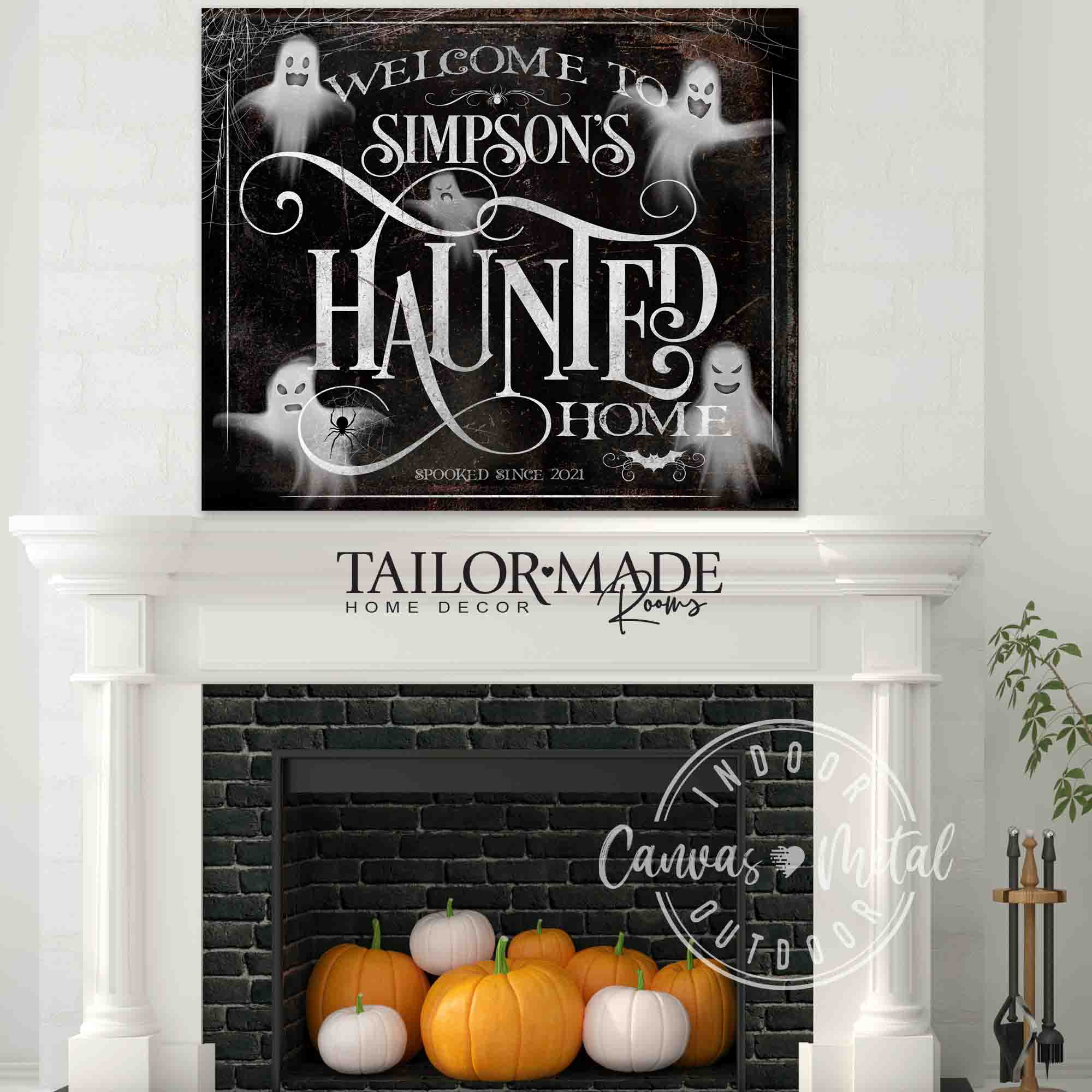 Halloween wall decor with ghost on distressed background and the words Welcome to the (family name) Haunted home, spooked since 2023