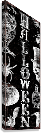 Halloween front porch sign in rustic black with owl, spider, skull, potion and pumpkins