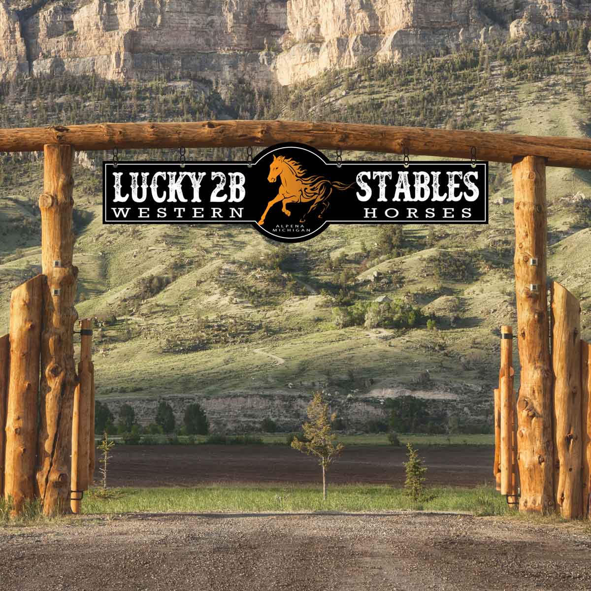 Barn Sign-Western Stable Sign made of black metal with  a  Western horse and his tail and main blowing in the wind that says: Lucky 2B Stables, wester horses  entrance gate sign