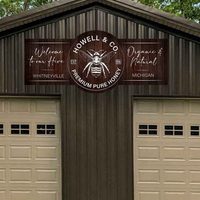 Honey Bee Large Barn Sign on faux wood background and a honey bee.