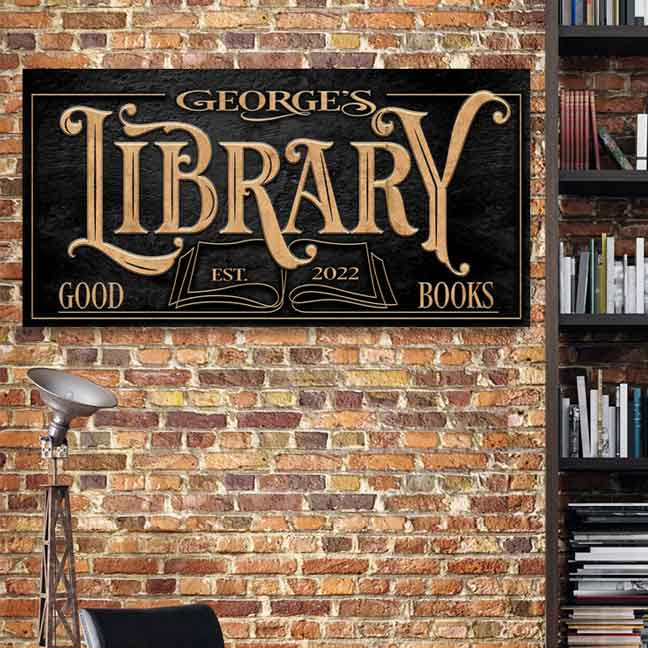 Library Sign Decor Sign on black textured flat canvas, personalized with name and date