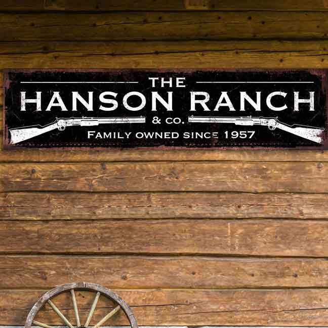 Metal Barn Sign and Ranch sign in distressed black with white print and guns