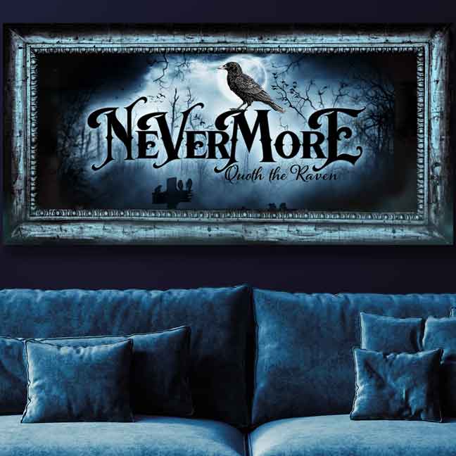 Nevermore Halloween Decor Raven on blue Gothic faux frame and the words Nevermore Quoth the Raven.