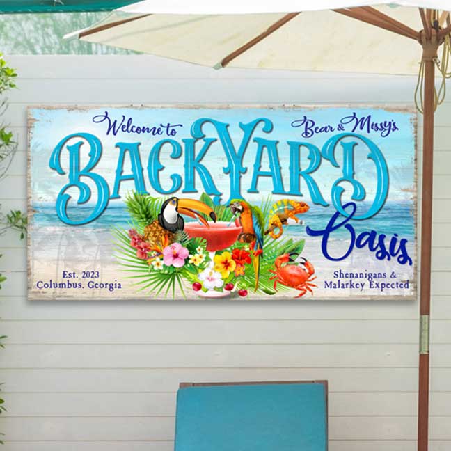 Pool Sign, Pool and Patio Sign with ocean in background and Birds drinking from the straw of a Margarita with the words Back Yard Oasis