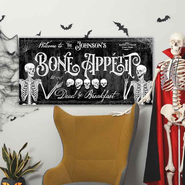 Skeleton Decor on Black distressed background with the words Welcome to Bone Appetit dead and breakfast