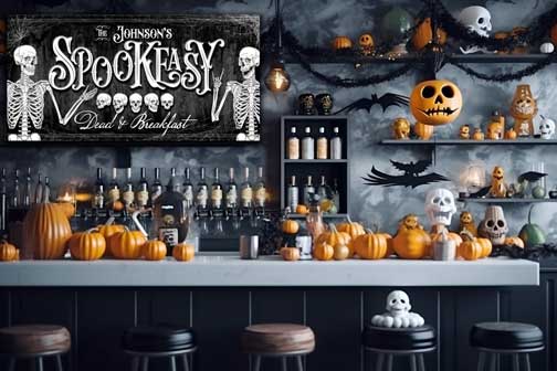 Halloween Skeleton Wall Decor Sign with the Words (family Name) Spookeasy Dead and Breakfast