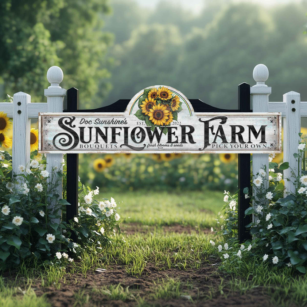 sunflower farm sign on black and white post.