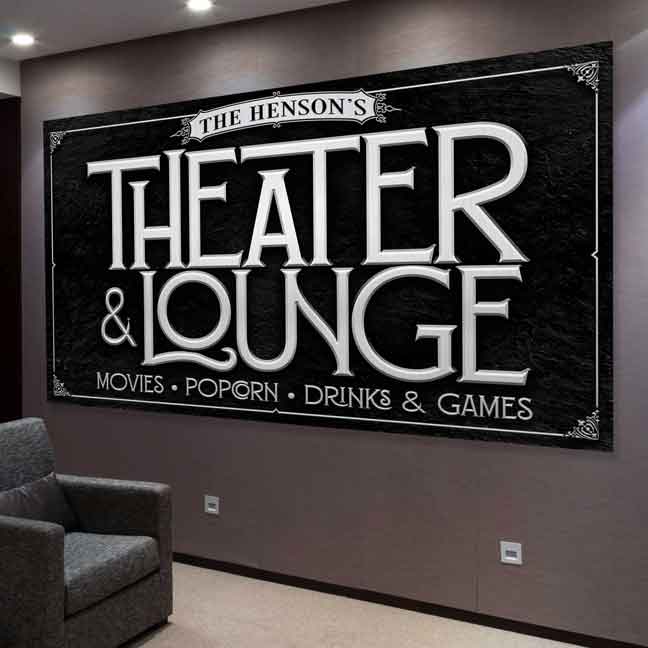 Personalized Theater & Lounge Sign - theater room sign in black with silver lettering and family name with words Theaters & Lounge.