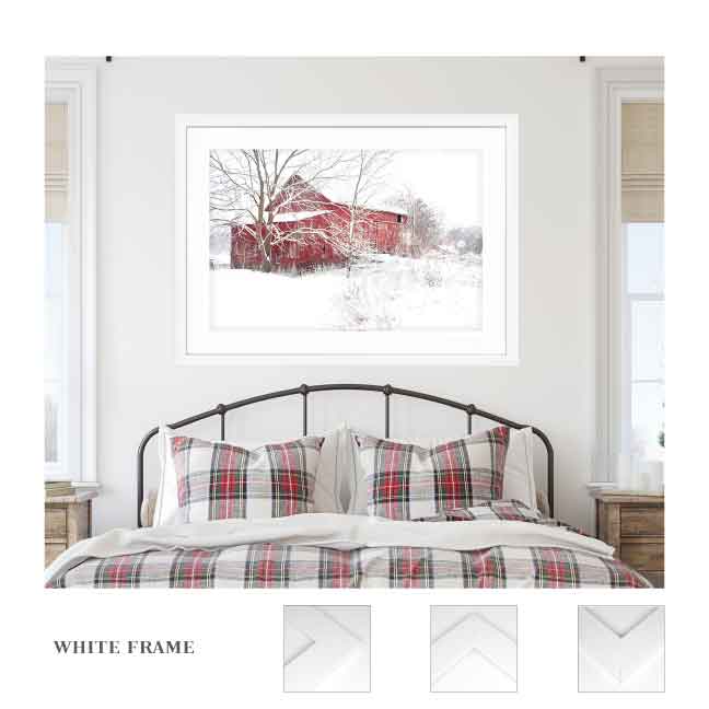 red barn art print of barn in snow
