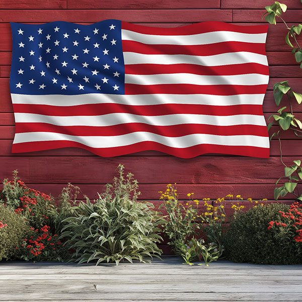 american flag sign made of metal on red wood barn