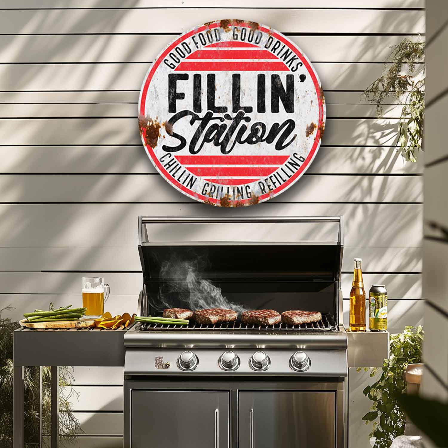 backyard grill sign in white with rust and black, red wording that says Fillin' Station