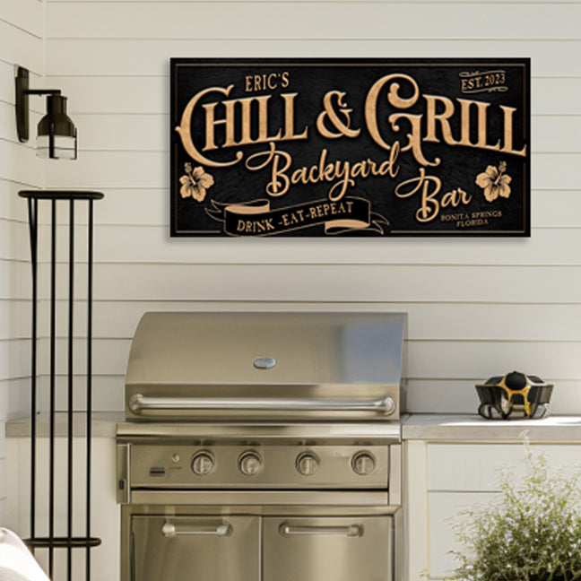 bar and grill sign with name on black textured background with the words Chill and Grill Backyard Bar
