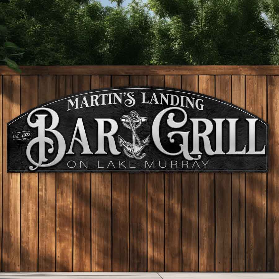 Custom Metal signs for Business Signage - Black textured background with the words Bar and grill with lake name on it.