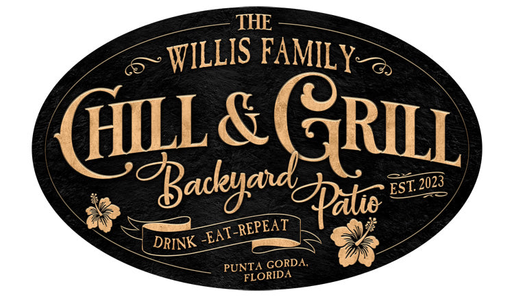 Bar and grill sign with black texture and gold lettering