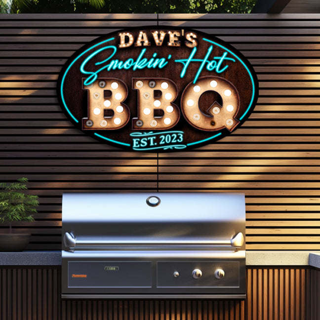 bar and grill sign on rusty brown background with faux neon look that says Smoking Hot BBQ