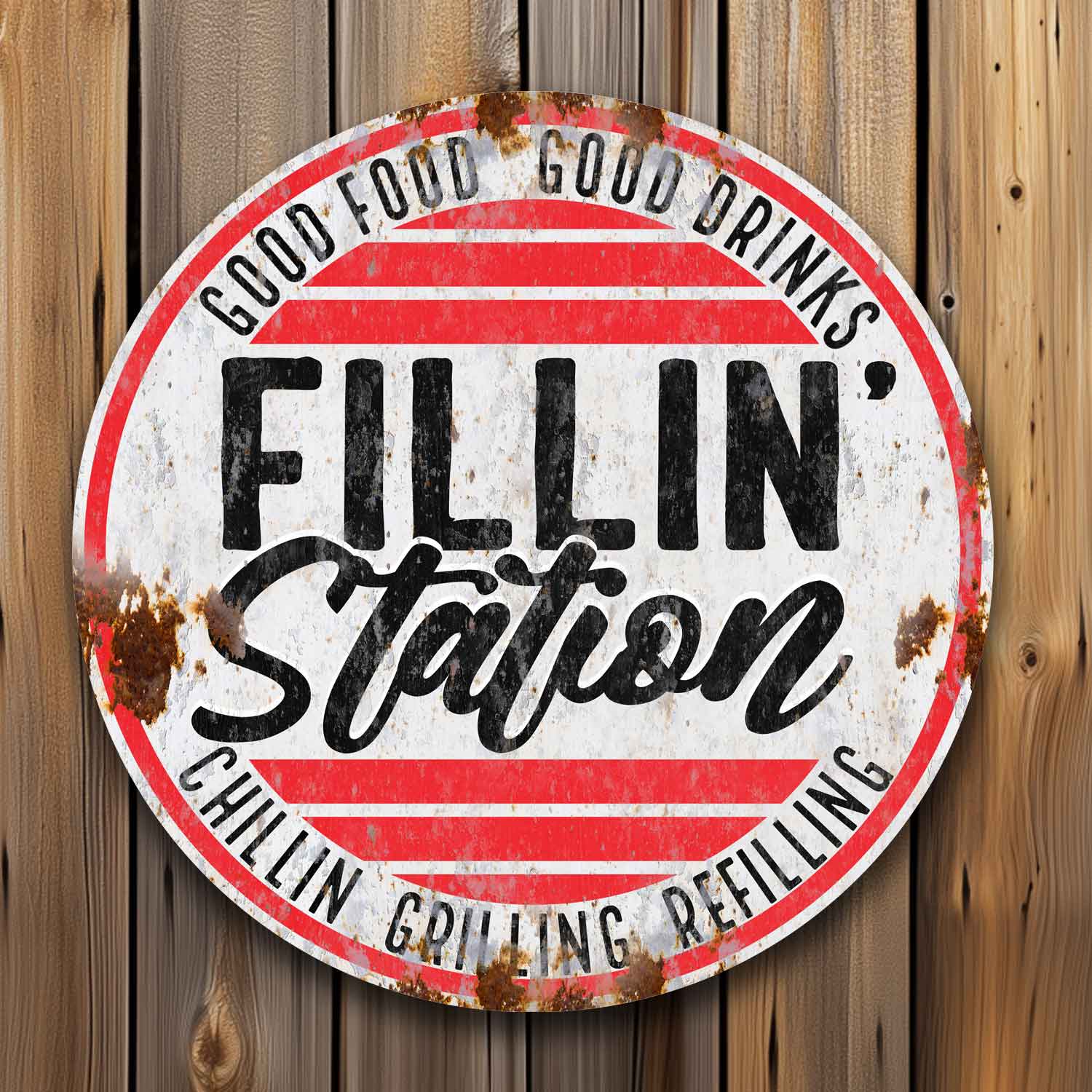 bar and grill signs for outdoors of a white sign with rust and red and white with black letters that say fillin station