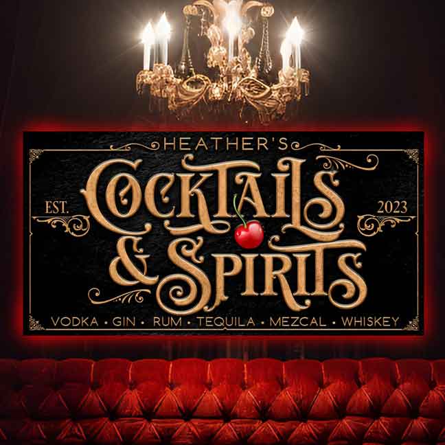 Bar Sign Cocktails and Spirits Bar Sign on black stone.