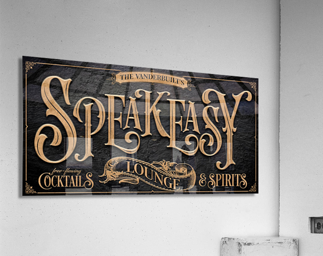 bar signs on black acrylic with shiny texture and black and gold graphics