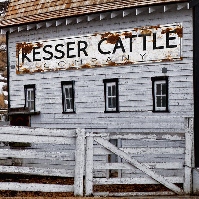 Cattle Ranch Sign Large Barn sign of rusty metal with the words Kesser Cattle Company
