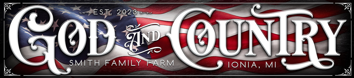 barn sign god and country large sign with US Flag in background