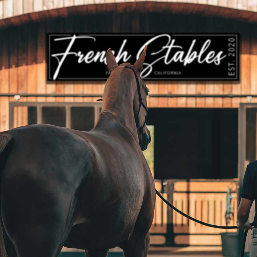 Barn sign stable sign in on black with white fancy letters that says (name) Stables