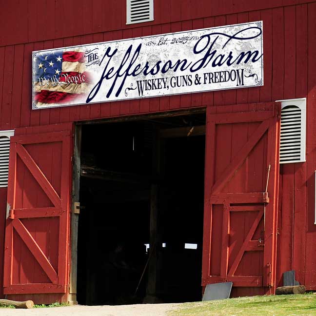 barn sign we the people with american flag on a white distressed background with name and wording.