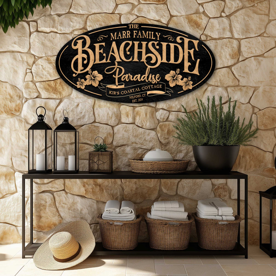 beach house decor on black texture with words that say Name, beachside paradise