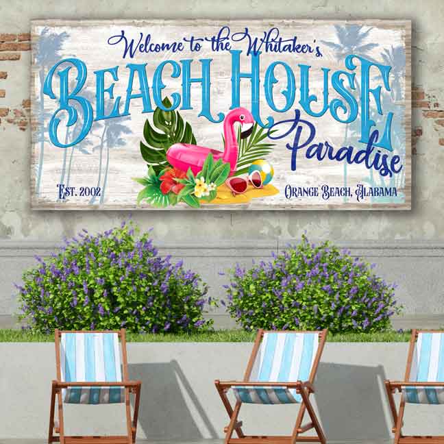 Coastal Decor Beach House Sign on distressed faux wood with the words Welcome to our Beach House Paradise with a pool floatie