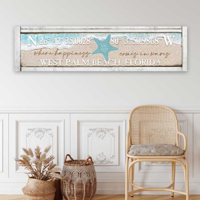 beach house wall decor with geo coordinance on it and blue ocean water and sand.