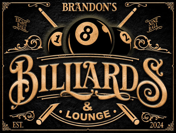 billiards room decor with 8 ball and personalized words in all gold