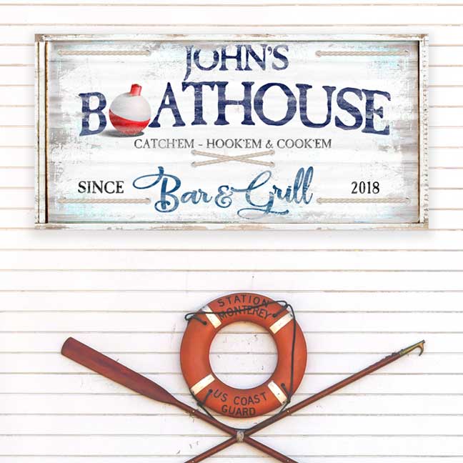 lake house sign - boat house sign - on distressed faux wood background and the words "john's boathouse Bar and grill