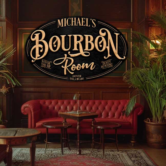 Bourbon bar decor sign on black texture with gold letters