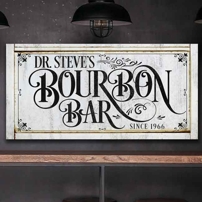 Bourbon Bar signs on white distressed faux wood with (name) and the words Bourbon bar