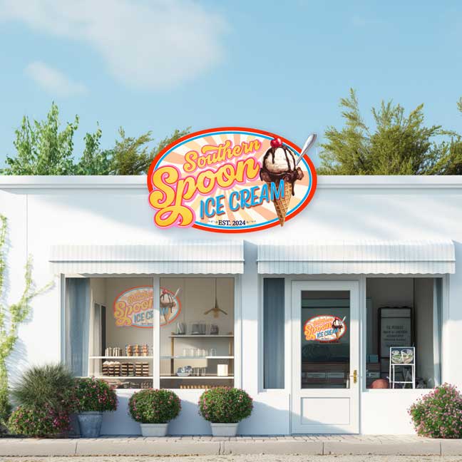 business sign ice cream shop that is bright and happy with a cone